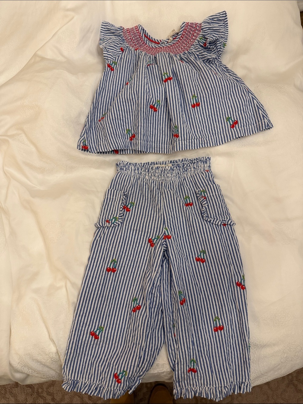 Mini Boden Blue & White Seersucker Striped Cherry Set with Ruffle Detail